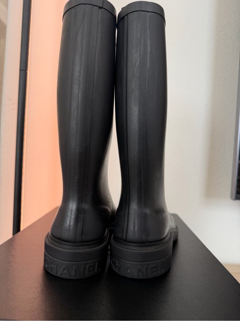CHANEL Black Knee-High Rubber Boots with White CC Emblem - Picture 7 of 9